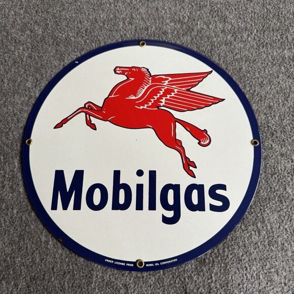 VINTAGE PEGASUS MOBILGAS PORCELAIN Gas Motor Oil Advertising SIGN Ande Rooney - Picture 1 of 4